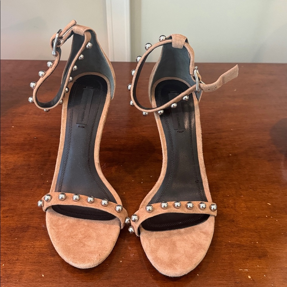 Alexander Wang Beige khaki silver embellished ankle strap sandals 7.5